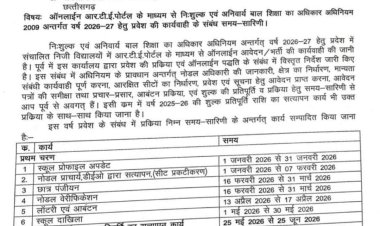 ऑनलाईन सीजी.आर.टी.ई. पोर्टल के माध्यम से निःशुल्क एवं अनिवार्य बाल शिक्षा का अधिकार अधिनियम 2009 अन्तर्गत वर्ष 2026-27 हेतु प्रवेश समय-सारिणी।