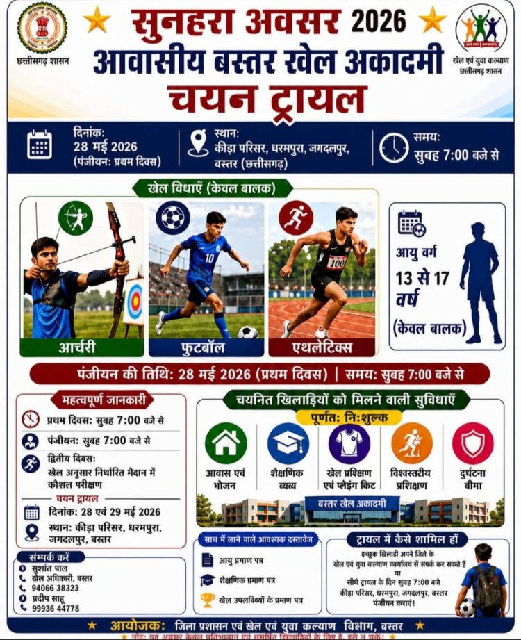बस्तर के पहले आवासीय खेल अकादमी में प्रवेश के लिए चयन ट्रायल 28-29 मई को